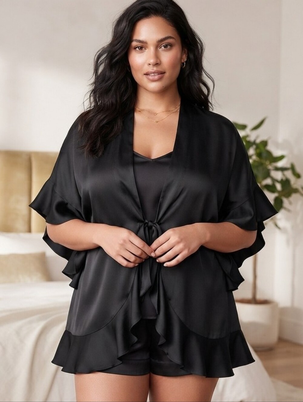 Victoria's Secret Black Satin Ruffle‎ Short Robe O/S NWT